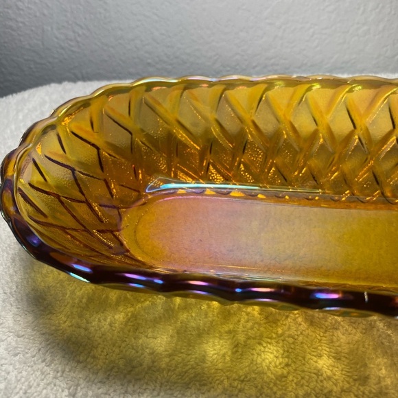 Vintage Indiana Glass Amber Carnival Celery Bread Dish Bowl Basket Weave - Picture 3 of 8